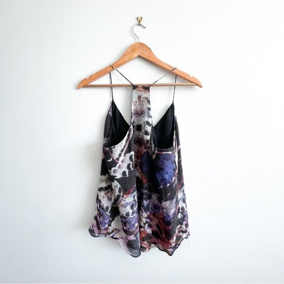 Lavender Brown 100% Silk Spaghetti Strap Racer Back Tank Top Black Abstract M - Picture 2 of 7